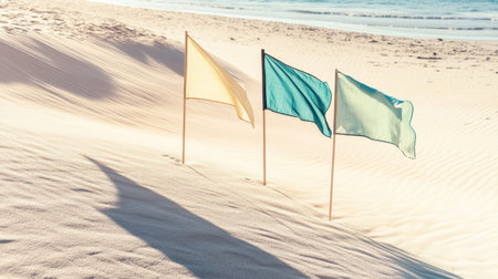 Three vibrant flags stand on a sandy beach, gently waving in the breeze with the ocean in the background, embodying a picturesque scene of serenity and nature.の素材