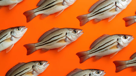 This vibrant image features a collection of fresh striped fish arranged neatly on a bright orange background. The clean and colorful presentation highlights the natural beauty and freshness of the seafood, perfect for culinary and nature-themed projects.の素材