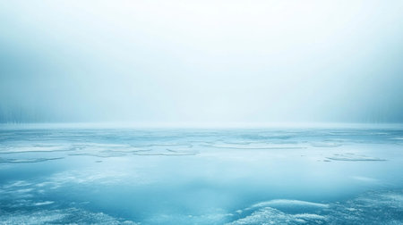 A tranquil scene featuring a frozen lake under a thick layer of mist, creating a serene atmosphere with soft blue tones and a sense of stillness.の素材