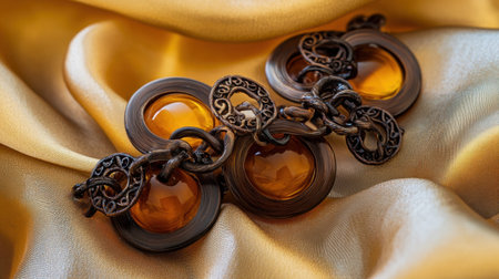 A stunning vintage jewelry piece featuring warm amber stones and intricate bronze details, elegantly displayed on luxurious golden fabric, perfect for fashion lovers.の素材