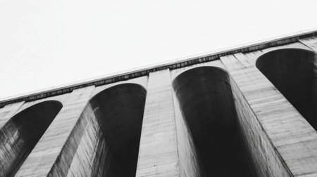This striking black and white image captures the architectural beauty of a concrete bridge, emphasizing its arched supports against a minimalist sky.の素材