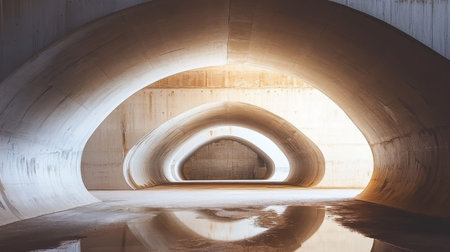 A striking abstract architectural space featuring smooth curves and reflective surfaces in a spacious, modern concrete environment, inviting exploration.の素材