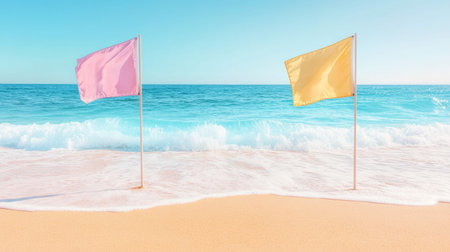 Two colorful flags stand at the beach, flanking gentle waves under a bright blue sky, capturing the essence of summer and coastal tranquility.の素材