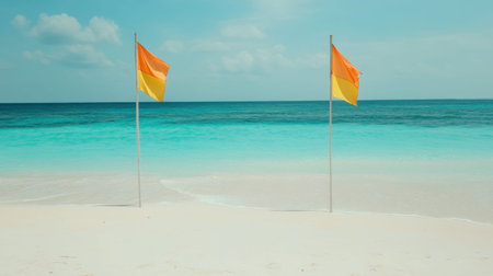 Brightly colored orange and yellow flags stand tall on a pristine beach, signaling safety as turquoise waves gently lap at the shoreline. Ideal for summer themes.の素材