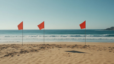 Three red warning flags stand tall on a sandy beach, signaling caution against swimming, with gentle waves lapping the shore under a clear sky.の素材