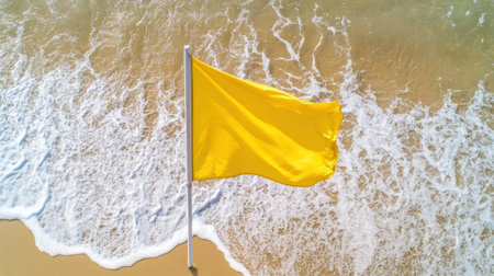 A vibrant yellow flag is prominently displayed by the shoreline, where gentle waves lap against the sandy beach under a clear blue sky.の素材