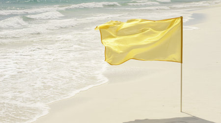 A vibrant yellow flag flutters gently on a tranquil beach, surrounded by soft sand and rolling waves, evoking a sense of peace and summer bliss.の素材