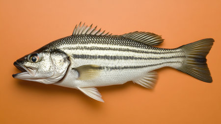 A striking portrait of a freshwater striped bass presented on a vibrant orange background, highlighting its unique fin structure and beautiful stripes, ideal for culinary themes.の素材