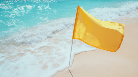 A bright yellow caution flag stands on a tranquil beach, waves lap gently at the shore and sunlight dances on the clear blue water, evoking relaxation.の素材