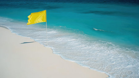 A vibrant yellow flag stands on a pristine beach, waving gently in the breeze. Turquoise ocean waves lap at the sandy shore under a clear blue sky, symbolizing safety and leisure in a tropical paradise. Perfect for travel and tourism themes.の素材