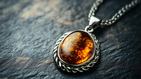 Stunning amber pendant set in a silver frame, highlighting the warm glow of the gemstone against a dark backdrop, perfect for stylish accessorizing.の素材