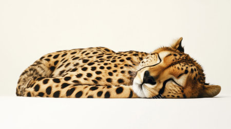 A stunning image of a cheetah peacefully sleeping on a white surface, showcasing its beautiful fur patterns and serene expression. Perfect for nature lovers.の素材