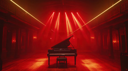 A captivating image of a grand piano set against a backdrop of dramatic red lighting and stage effects, creating a striking atmosphere in a historic concert hall.の素材