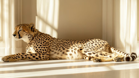 A sleek cheetah lounges gracefully in a sunlit room, showcasing its stunning spots against a backdrop of elegant interior design and shadows.の素材