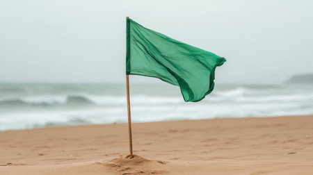 A vibrant green flag stands tall on a sandy beach, signaling weather conditions. The gentle waves roll in under a moody, overcast sky. Ideal for safety and landscape themes.の素材