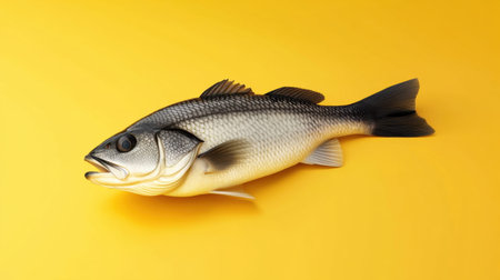 This stunning illustration showcases a fresh fish on a vibrant yellow background, ideal for culinary presentations, nutrition education, and artistic projects.の素材