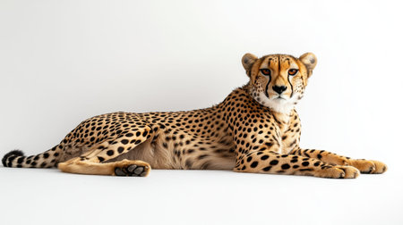 A stunning image of a cheetah lounging gracefully on a clean white background. The photo captures the elegance and power of this magnificent big cat, showcasing its distinct spots and intense gaze, perfect for wildlife enthusiasts and nature lovers.の素材