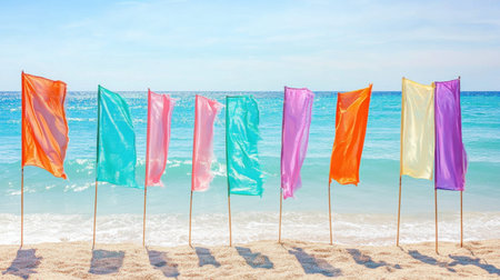 A picturesque scene featuring colorful flags fluttering on a sandy beach, with the clear blue ocean and sky creating a serene summer atmosphere.の素材
