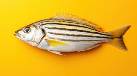 A striking display of a freshly caught fish against a bright yellow background emphasizes the vibrant colors and unique patterns of marine life. Perfect for culinary and nature themes.の素材