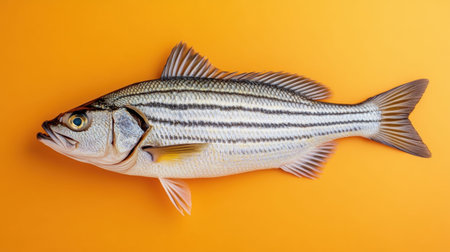 This striking image features a fresh, striped fish displayed against a vibrant orange background, highlighting its intricate textures and colors. Ideal for culinary and food-related projects.の素材