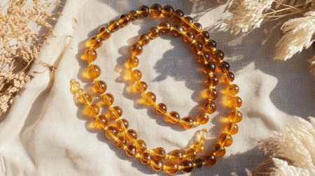 Capture the beauty of natural amber beads on a soft fabric, surrounded by dried flowers. This composition showcases elegance and warmth, perfect for jewelry lovers and designers.の素材