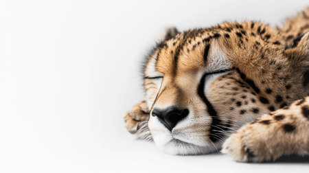 A serene close-up of a sleeping cheetah with soft fur and a peaceful expression against a white background, showcasing the beauty of wildlife photography.の素材