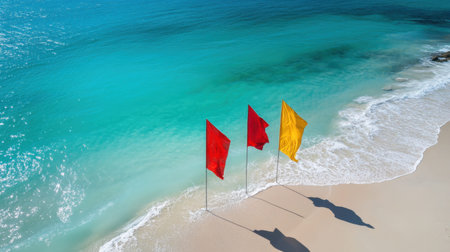 Vibrant three-color flags stand tall on soft sand, marking safety and fun along a picturesque beach with turquoise waves gently lapping ashore.の素材