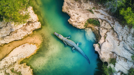 This stunning aerial image captures a crocodile swimming gracefully in clear turquoise water, framed by lush greenery and rocky riverbanks, showcasing nature's beauty.の素材