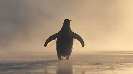 A solitary penguin walks through a misty landscape at dawn, creating a striking silhouette against the ethereal background. A scene that embodies peace and beauty.の素材