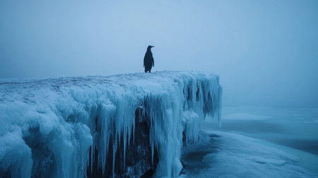 A lone penguin stands atop a frozen cliff, surrounded by an ethereal fog and chilling blue hues, capturing the essence of winter solitude and beauty.の素材