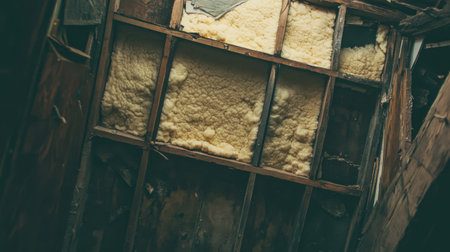 A close-up view of a deteriorating ceiling structure, revealing insulation and wooden framework. This image captures the essence of neglect and decay in an abandoned interior space.の素材