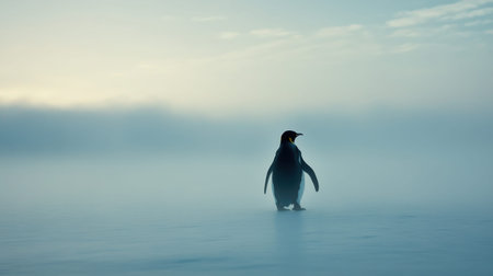 A solitary emperor penguin stands majestically on a frozen landscape, surrounded by mist and fog, creating a tranquil and serene winter scene.の素材