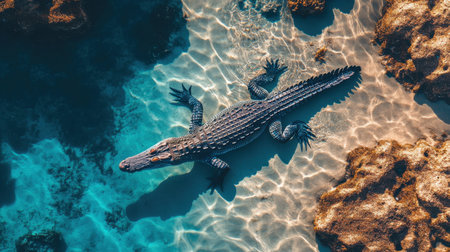 A stunning large crocodile swims gracefully in crystal clear water, showcasing its intricate patterns against the sandy ocean floor and rocky surroundings.の素材