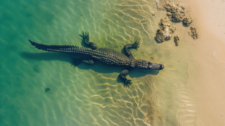 This stunning aerial image showcases a large crocodile resting on a sandy shore in shallow water, highlighting the beauty of wildlife in nature.の素材