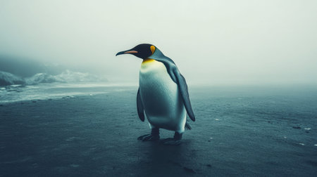 A solitary penguin stands against a foggy backdrop at the beach, showcasing its stunning features in a serene coastal environment. Perfect for wildlife enthusiasts.の素材