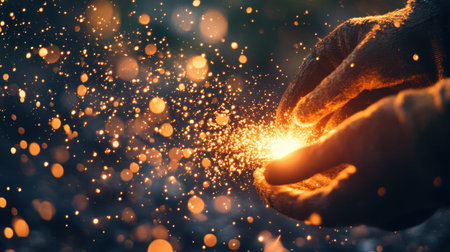 A close-up of hands cradling glowing particles that shimmer and flicker in a dark setting, creating a magical and inspiring atmosphere.の素材