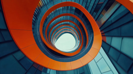 Captivating view of a spiraling architectural feature showcasing vibrant orange elements intertwined with sleek glass surfaces in a modern setting.の素材
