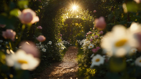 A serene pathway meanders through a vibrant flower garden, illuminated by the warm sunlight of morning. The scene captures nature's beauty, inviting reflection.の素材