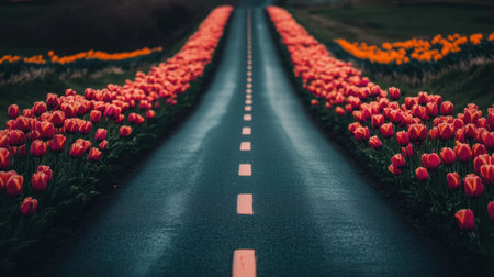 This stunning photograph captures a winding country road bordered by lush tulip fields, showcasing vibrant flowers in full bloom under a clear sky.の素材