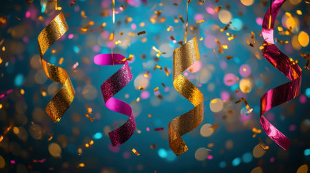 Colorful streamers hang against a vibrant background filled with confetti, creating a festive atmosphere perfect for celebrations and joyful moments.の素材