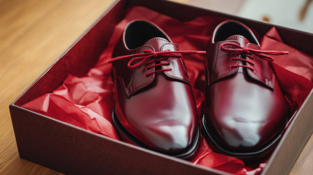 A pair of elegant polished dress shoes lies in a decorative gift box filled with soft red tissue paper, showcasing luxury and style perfect for special occasions.の素材