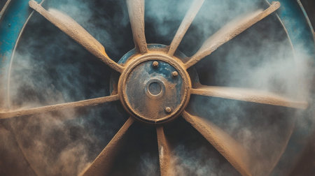 This detailed close-up captures a rusty industrial fan blade, enveloped in steam and dust. The interplay of light and shadows enhances the gritty, vintage aesthetic.の素材