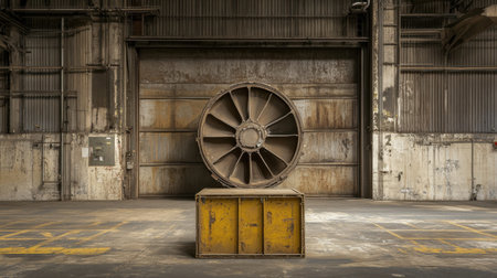An industrial fan stands prominently in an abandoned warehouse, showcasing the convergence of engineering and decay in a large, empty space.の素材