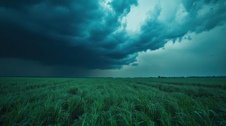 A dramatic view of dark storm clouds looms over a vibrant green field, creating a stark contrast that emphasizes the beauty of natural landscapes.の素材