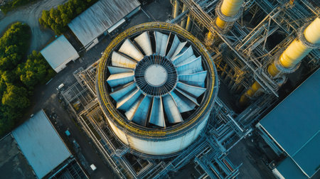 This aerial shot captures a modern industrial facility featuring a large turbine and extensive piping, surrounded by greenery, reflecting the blend of technology and nature.の素材