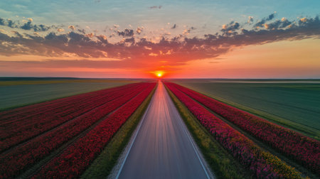 A serene sunset casts a warm glow over vibrant flower fields alongside a long road, inviting viewers to experience the beauty of nature's colors.の素材