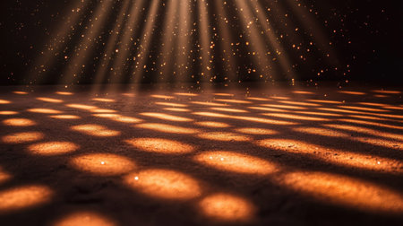 Captivating beams of soft sunlight create a magical atmosphere, casting warm highlights and gentle shadows on the ground, enhanced by floating dust particles.の素材