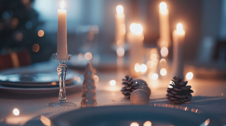 A beautifully arranged table setting featuring candles, decorative elements, and a warm glow, perfect for holiday gatherings and celebrations.の素材