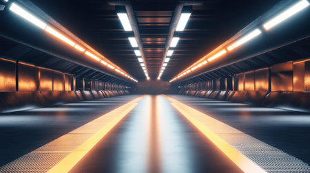 This striking image captures a futuristic industrial corridor, featuring ambient lighting and sleek design elements that create a captivating atmosphere.の素材