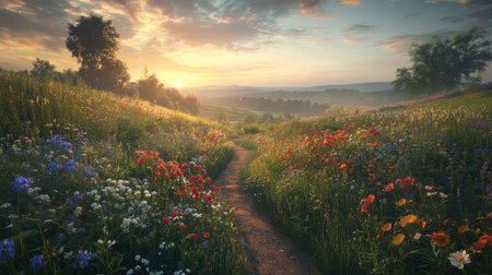 A breathtaking sunrise casts a warm glow over a path surrounded by vibrant flowers in a lush landscape. This tranquil scene evokes peace and natural beauty.の素材